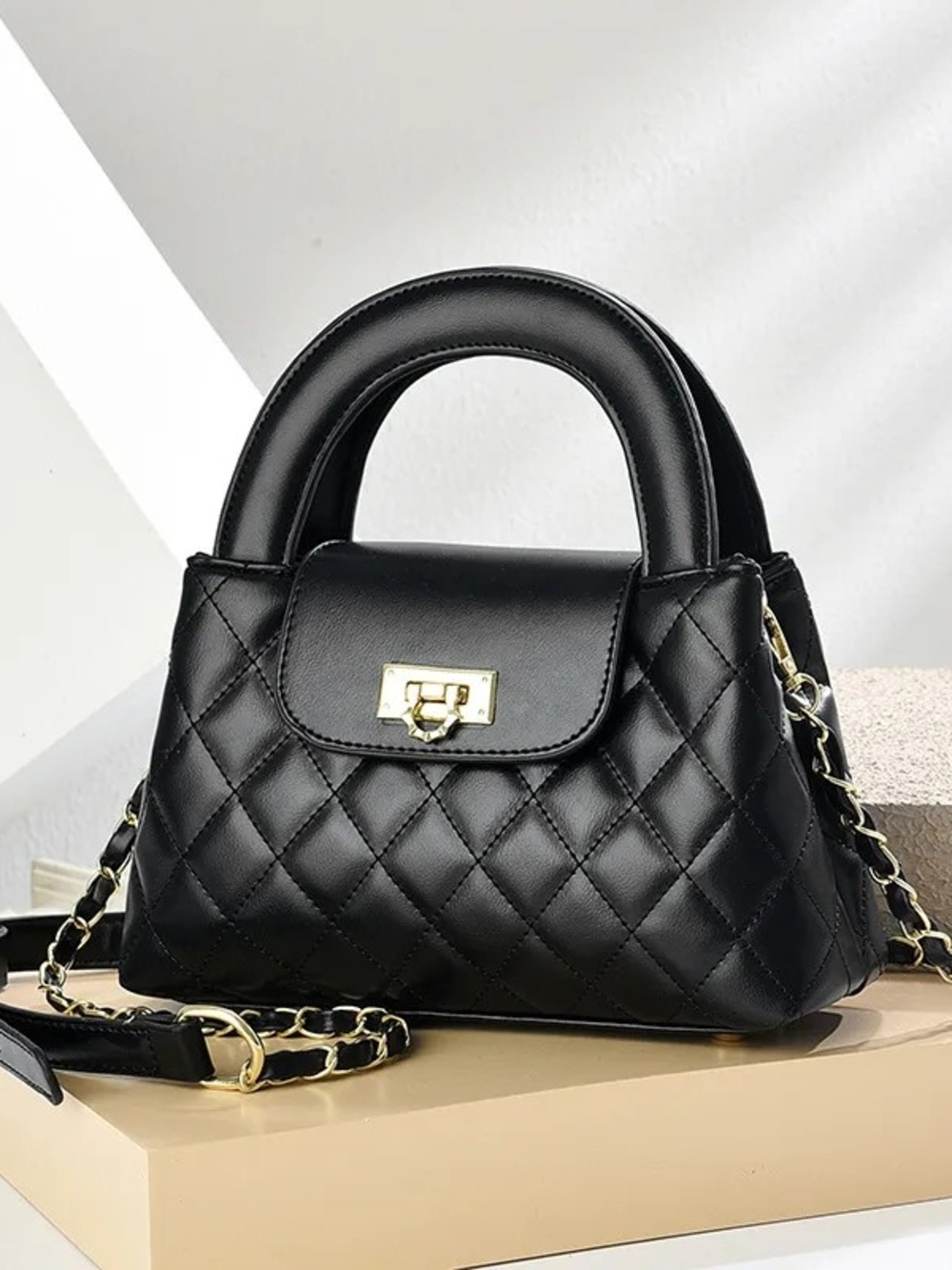 & Other Stories Black Quilted Mini Top-Handle Bag with Gold Chain Strap